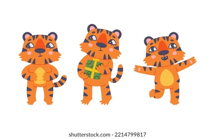 Cute Baby Tigers Set. Funny Striped Jungle Wildcat Character Standing On Hind Paws Cartoon Vector Illustration