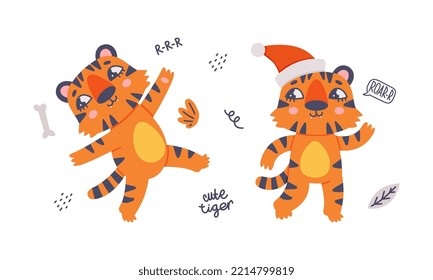 Cute Baby Tigers Set. Funny Orange Striped Jungle Wildcat Character Walking On Hind Paws Cartoon Vector Illustration