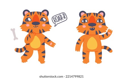 Cute Baby Tigers In Various Poses Set. Funny Orange Striped Jungle Wildcat Character Roaring And Waving Its Paw Cartoon Vector Illustration