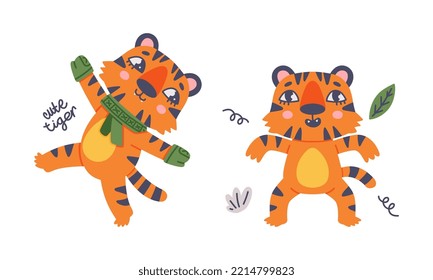 Cute Baby Tigers In Various Poses Set. Funny Orange Striped Jungle Wildcat Character Walking And Having Fun Cartoon Vector Illustration