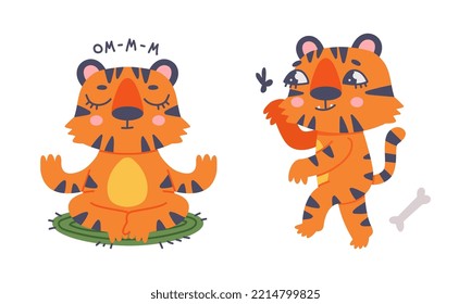 Cute Baby Tigers In Various Poses Set. Funny Orange Striped Jungle Wildcat Meditating And Walking Cartoon Vector Illustration