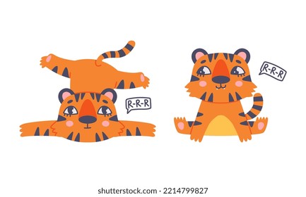 Cute Baby Tigers In Various Poses Set. Funny Orange Striped Jungle Wildcat Lying And Sitting Cartoon Vector Illustration