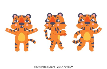 Cute Baby Tigers In Various Poses Set. Funny Orange Striped Jungle Wildcat Standing On Hind Paws Cartoon Vector Illustration