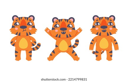 Cute Baby Tigers In Various Poses Set. Funny Orange Striped Jungle Wildcat Cartoon Vector Illustration