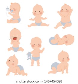 Cute baby or toddler boy in various poses for example standing, crying, sitting, crawling, crying and playing isolated on white background. vector illustration