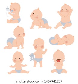 Cute baby or toddler boy in various poses for example standing, crying, sitting, crawling, crying and playing isolated on white background. vector illustration