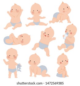 Cute baby or toddler boy in various poses for example standing, crying, sitting, crawling, crying and playing isolated on white background. vector illustration