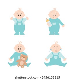 Cute baby or toddler boy in various poses for example standing, crying, sitting, crawling, crying and playing isolated on white background. vector illustration