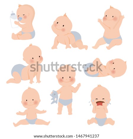 Cute baby or toddler boy in various poses for example standing, crying, sitting, crawling, crying and playing isolated on white background. vector illustration