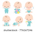 Cute baby or toddler boy vector illustration in various poses such as standing, sitting, crying, playing, crawling.