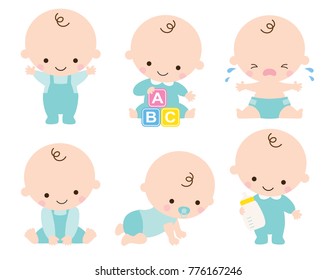 Cute baby or toddler boy vector illustration in various poses such as standing, sitting, crying, playing, crawling.