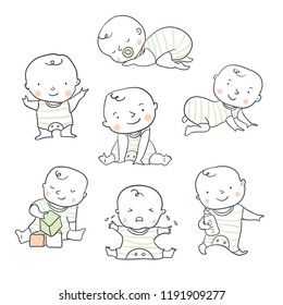 Cute baby or toddler vector illustration in various poses such as standing, sitting, crying, playing, crawling. Baby shower illustration