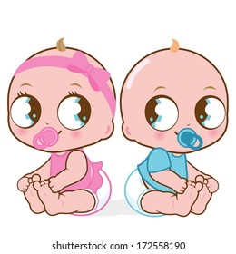 Cute baby toddlers, a baby girl and a baby boy. Little twin baby children with pacifiers, a girl and a boy. Vector Illustration