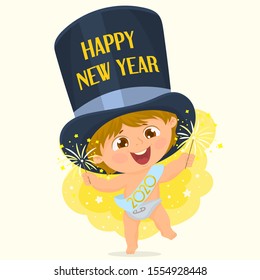 Cute baby in a top hat with firework. Happy New Year