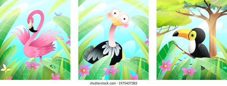 Cute baby toucan, flamingo and ostrich in green nature framed with leaves, grass and trees. Colorful birds poster or greeting cards collection for kids, vector illustration in watercolor style.