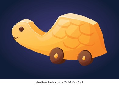 Cute baby toy for toddlers, wooden yellow turtle on wheels. Vector isolated cartoon illustration.