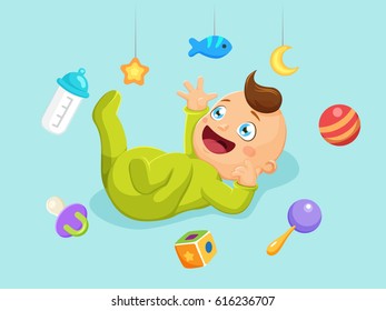 Cute baby with toys and elements. Vector illustration