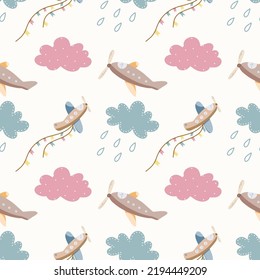 CUTE BABY TOYS, PINK AND BLUE CLOUDS WITH RAIN DROPS, FLAGS AND RIBBONS. SEAMLESS VECTOR PATTERN. VECTOR CHILDREN'S ILLUSTRATION