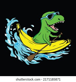 Cata de bebé t-rex dinosaurios remo banana bote. Ilustración deportiva del animal 