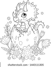 Cute baby triceratops in cracked egg shell with flowers. Isolated vector outline on white background