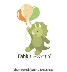 Cute baby triceratops dinosaur flying on balloons isolated on white background. Little dino for t-shirt, kids apparel, poster, nursery or etc. Vector illustration.