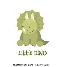 Cute baby triceratops dinosaur isolated on white background. Little dino for t-shirt, kids apparel, poster, nursery or etc. Vector illustration.