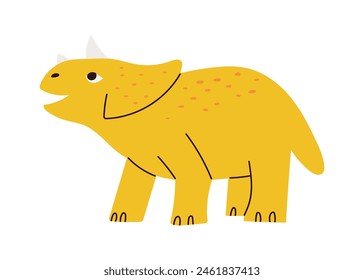 Cute baby Triceratops dinosaur,smiling yellow creature. Hand drawn vector illustration in flat design isolated on white