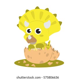 cute baby triceratops hatching from egg vector cartoon illustration