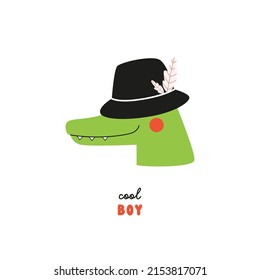 Cute baby t-shirt design with funny alligator in fashion hat and "cool boy" text. Hand drawn vector illustration in doodle style for nursery cards, prints, posters, stickers, textile