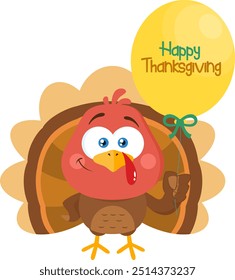 Cute Baby Turkey Bird Cartoon Character With Balloon And Text Happy Thanksgiving. Vector Illustration Flat Design Isolated On Transparent Background