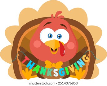 Cute Baby Turkey Bird Cartoon Character Holding Text Thanksgiving. Vector Illustration Flat Design Isolated On Transparent Background