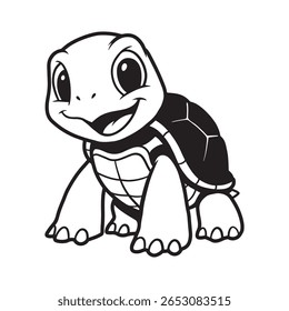 Cute Baby Turtle, Cartoon Tortoise Clipart, Smiling Sea Turtle Vector, Animal Line Art Illustration, Black and White Turtle Drawing
