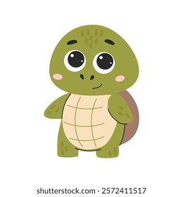 Cute baby turtle character vector Illustration isolated on a white background. Cartoon sea animal. Children graphic for poster
