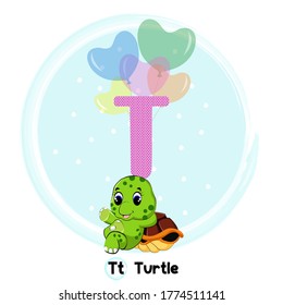 Cute baby turtle flying with balloons. Art vector illustration. Cute Animal Alphabet Series A-Z. 