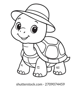 Tortuga linda del bebé con el sombrero para colorear Página: Animal adorable, contorno simple e ilustración dulce del animal doméstico