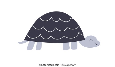 Cute baby turtle in Scandinavian style. Funny happy sea animal, Scandi child character. Sweet smiling tortoise, reptile. Childish colored flat vector illustration isolated on white background