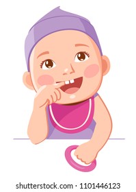 süßes Baby mit zwei Zahnkartenteppchen. Teething. Spielzeug für die Zähne des Babys. Cartoon Vektorillustration Illustration.