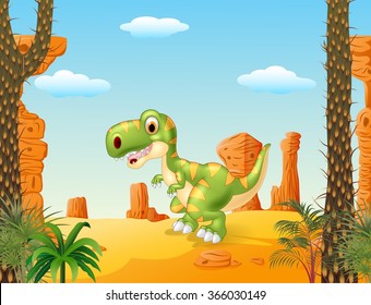 Cute baby tyrannosaur with the desert background