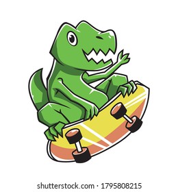 cute baby tyrannosaurs on skateboards in the air