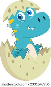 Cute Baby Tyrannosaurus Dinosaur Cartoon Character Hatching From Egg. Vector Illustration Flat Design Isolated On Transparent Background