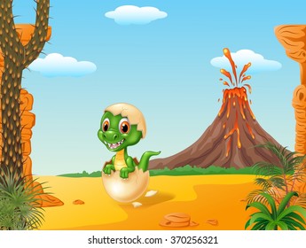 Cute baby tyrannosaurus hatching with Volcano background