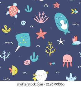 Cute baby underwater pattern with animals and sea plants. Seamless childish vector print for textile, shower fabric and apparel.