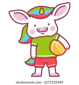 Cute baby unicorn with basketball ball vector cartoon character isolated on a white background.