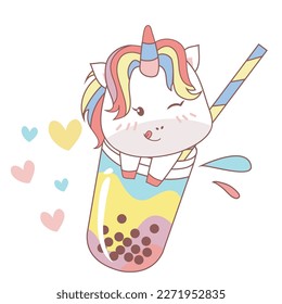 Cute baby unicorn with boba drinks on white background for kids fashion artworks, children books, birthday invitations, greeting cards, posters. Fantasy cartoon vector illustration. Vector file. 