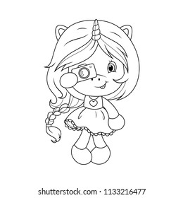 Cute baby unicorn with camera coloring page for girls. Vector.