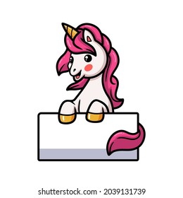 Cute baby unicorn cartoon with blank sign