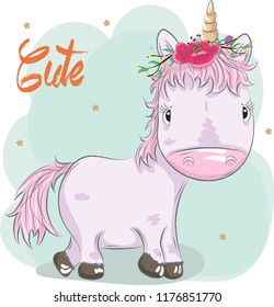 Cute baby unicorn cartoon hand drawn vector illustration. Can be used for baby t-shirt print, fashion print design, children wear, baby shower celebration, greeting and invitation card.