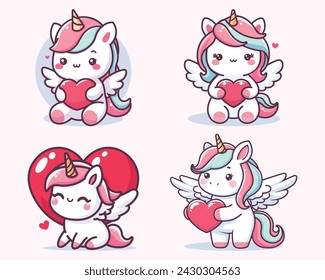 Cute baby unicorn cartoon holding heart, vector illustration