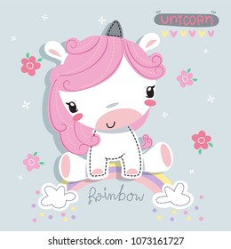 Cute baby unicorn cartoon with rainbow isolated on white background illustration vector.