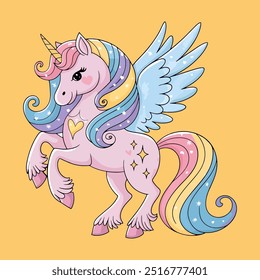 Cute Baby Unicorn Cartoon Vector Icon Illustration. Animal Nature Icon Concept Isolated Premium Vector. Flat Cartoon Style.A drawing of a unicorn with a rainbow on its tail